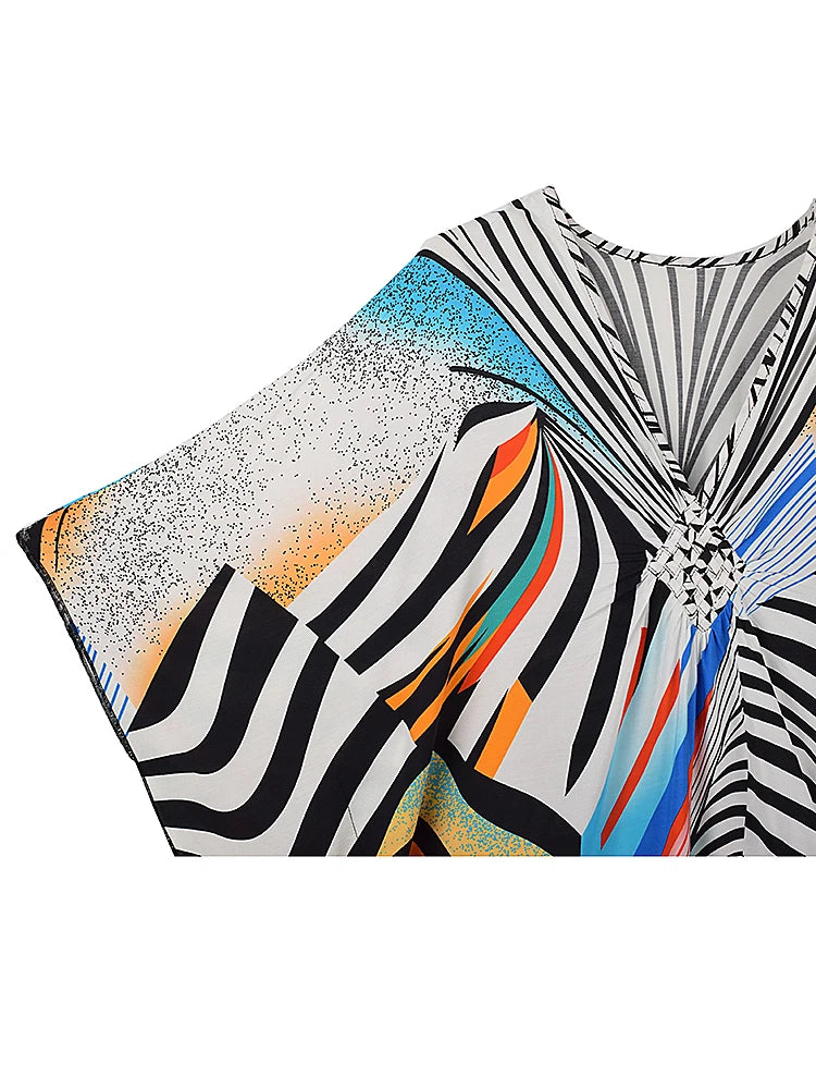 XITAO Batwing Sleeve Print Striped Dress Ankle-length Pullover V-neck Side Slit Slimming Summer Woman Loose Fashion Dress GJ1185