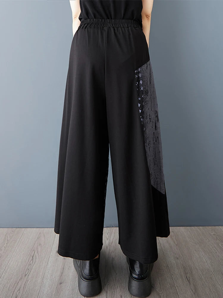 XITAO Print Patchwork Pocket Elastic Waist Pants Contrast Color Loose All Match Casual Slimming Summer Wide Leg Pants HQQ2482