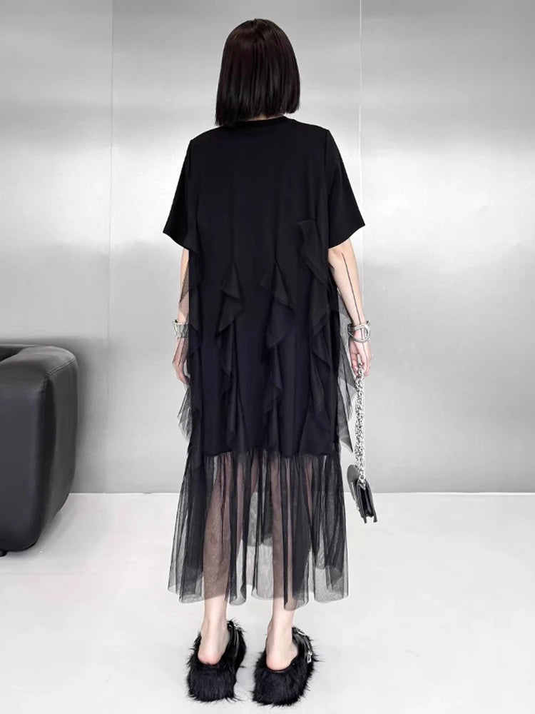 XITAO Irregular Solid Color Loose Dress Patchwork Gauze O-neck Short Sleeve Casual Slimming Simple Summer Woman Dress ZMY1373