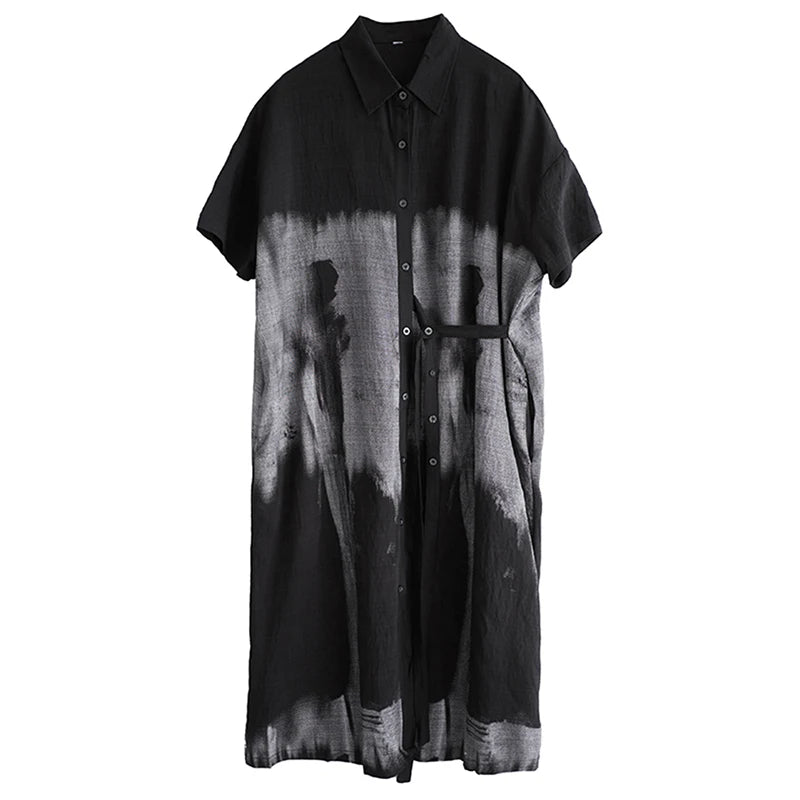 XITAO Print Patchwork Pocket Short Sleeve Dress Turn-down Collar Single Breasted Casual Mid-calf Loose Shirt Dress HQQ2465