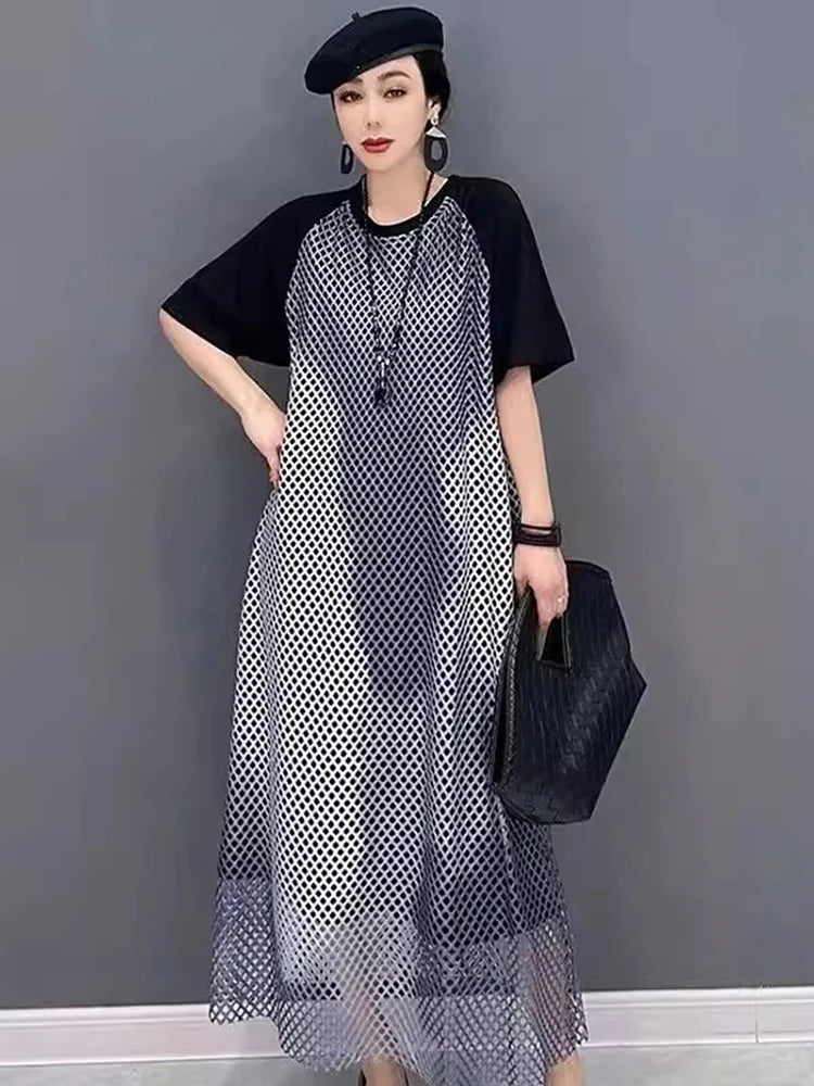 XITAO Hollow Out Patchwork Mesh Grid Dress O-neck Casual Short Sleeve Loose Temperament Pullover Summer Woman Dress ZMY1280