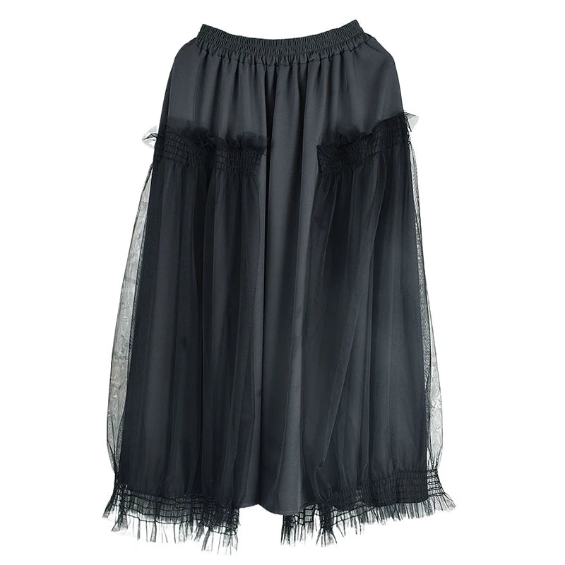 XITAO Gauze Patchwork Elastic Waist Skirt Loose All Match Mid-calf Casual Slimming Temperament Skirt Spring New GMM1251