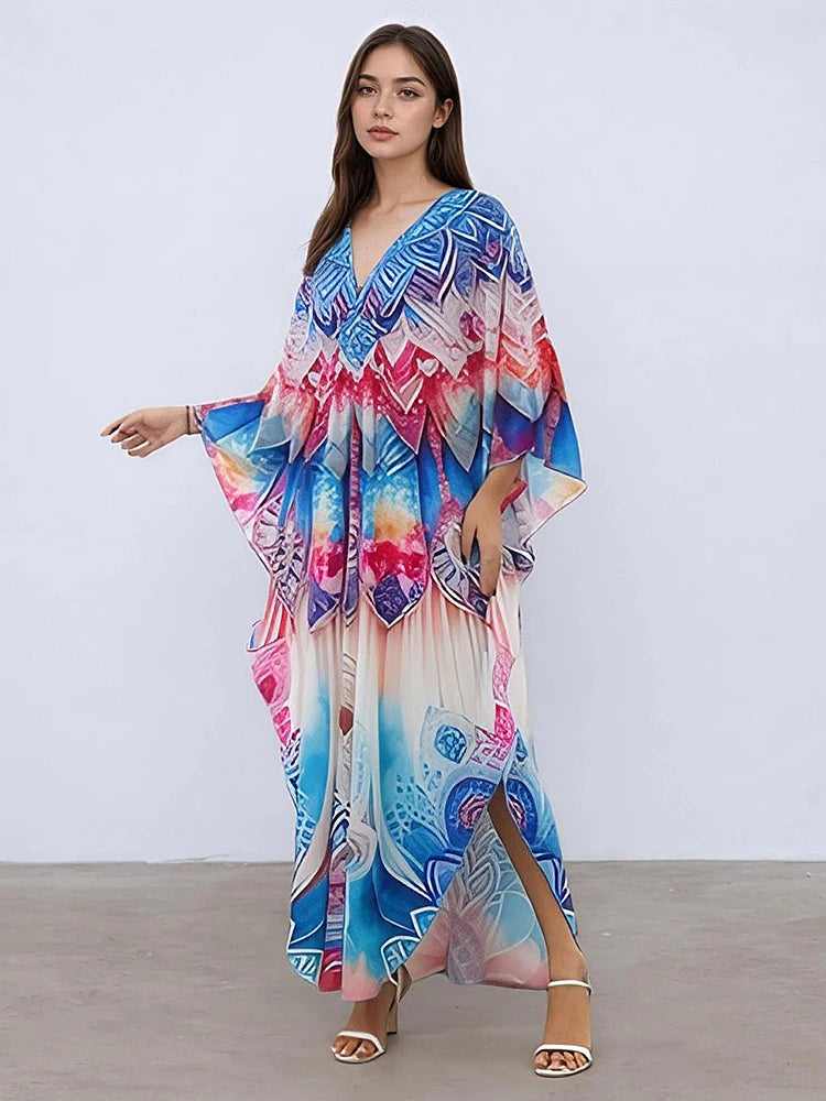 XITAO Bat Wing Sleeve Side Slit Dress Loose Print Casual V-neck Wrist Sleeve Vintage Fashion Slimming Summer Woman Dress GJ1157