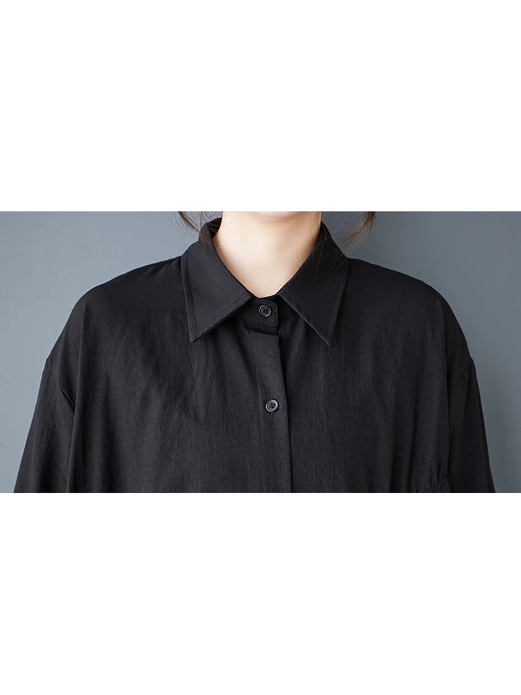XITAO Pleated Single Breasted Lapel Dress Casual Turn-down Collar Full Sleeve A-line Solid Color Spring Women Dress GYX1542