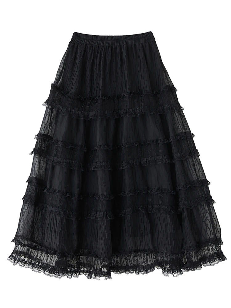 XITAO Lace Patchwork Gauze Elastic Waist Skirt Solid Color Casual Temperament All Match A-line Summer Slimming Skirt ZMY1216