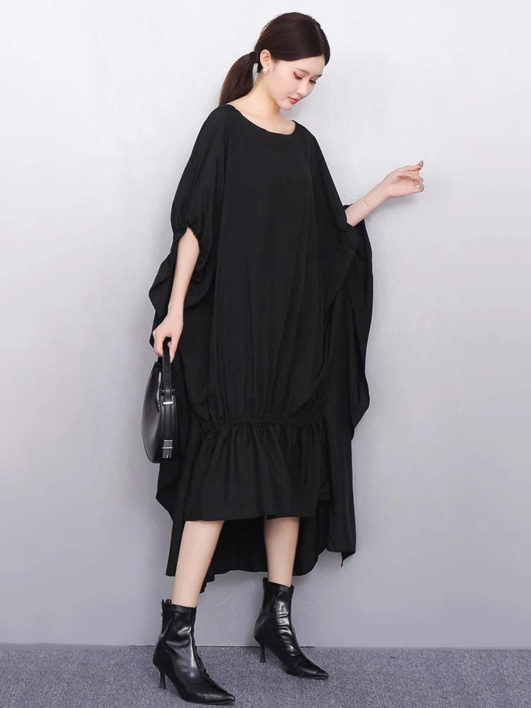 XITAO Solid Color Irregular O-neck Dress Slimming Bat Wing Sleeve Pullover Temperament Summer Woman New Arrival Dress ZMY1347