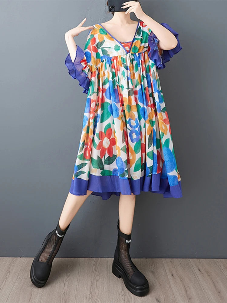 XITAO V-neck Print Patchwork Dress Edible Tree Fungus Slimming Elegant Small Fresh Loose Pleated Summer Woman Dress ZMY1256