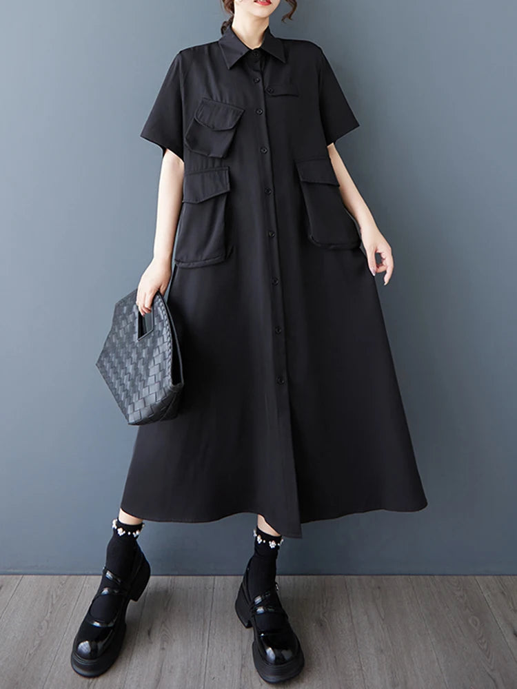 XITAO Asymmetric Pocket Female Dress Loose Solid Color Turn-down Collar Single Breasted Women Temperament Shirt Dress ZMY1145