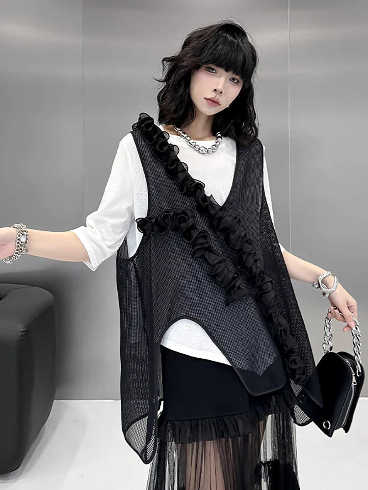 XITAO Three-dimensional Decoration Patchwork Vest Solid Color Asymmetrical V-neck Loose Pullover Temperament Top ZMY1179