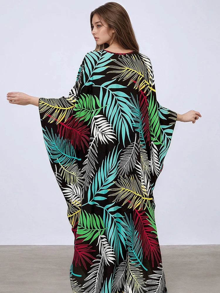 XITAO Batwing Sleeve Patchwork Print Contrast Color Dress V-neck Pullover Side Split Loose Casual Slimming Summer Dress GJ1146
