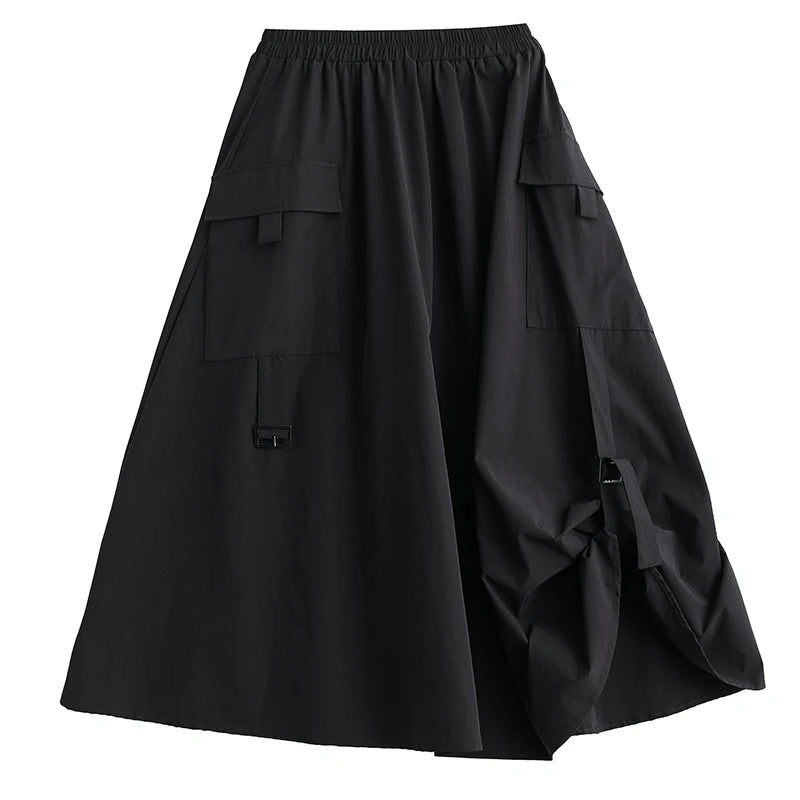 XITAO Pocket Patchwork Asymmetrical Skirts Solid Color Elastic Waist A-line Loose Mid-calf All Match Skirts 2024 Autumn DMJ5020