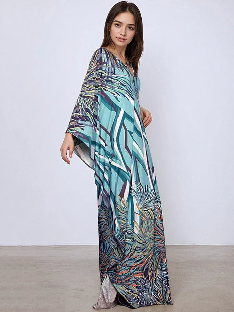 XITAO Print Batwing Sleeve Dress Casual A-line Personality Loose Fitting V-neck Full Sleeve New Summer Female Dress GJ1150
