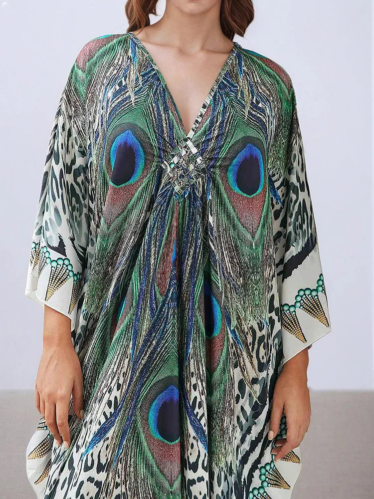 XITAO Female Print Ankle-length Dress Loose Bat Wing Sleeve Contrast Color Fashion Personality V-neck Summer Woman Dress GJ1163