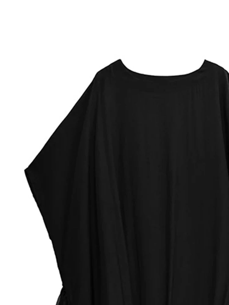 XITAO Loose Irregular O-neck Dress Fashion Mesh Patchwork Women Summer Simple Solid Color Elegant Temperament Dress HQQ2489