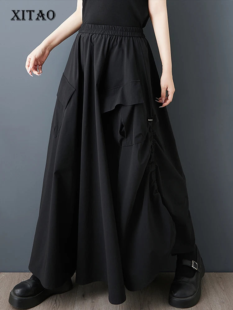 XITAO Pocket Drawstring Loose Skirts Solid Color Elastic Waist Casual All-match Slimming Patchwork Summer Woman Skirts ZMY1297