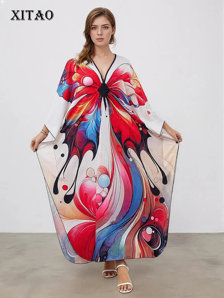 XITAO Female Side Slit Print Dress Butterfly A-line Pullover Bat Wing Sleeve V-neck Summer Woman Ankle-length Dress GJ1161
