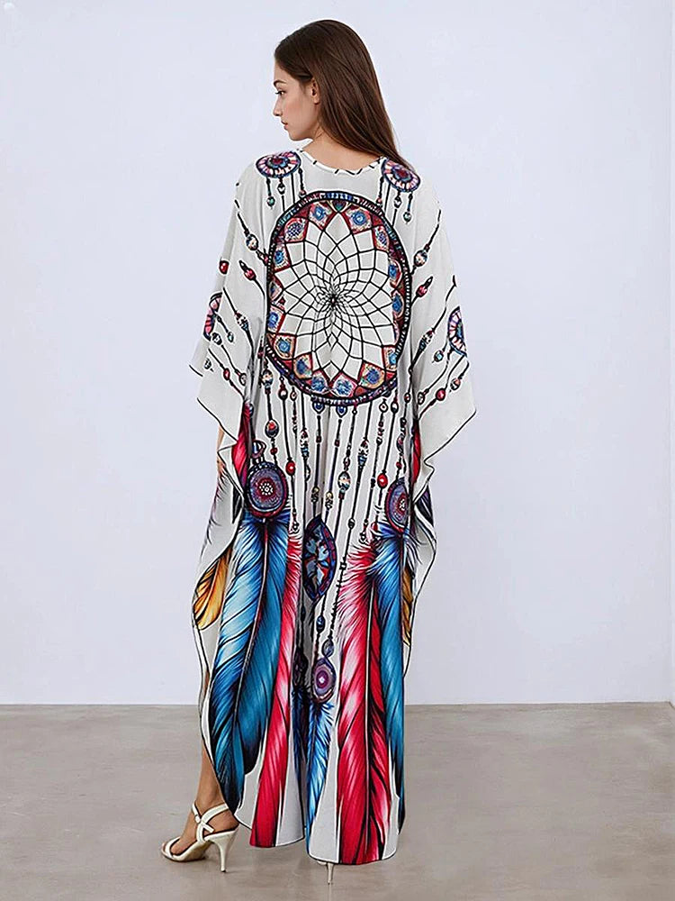 XITAO Print Bat Wing Sleeve Casual Dress Vintage Temperament New Arrival All-match Pullover V-neck Summer Woman Dress GJ1162