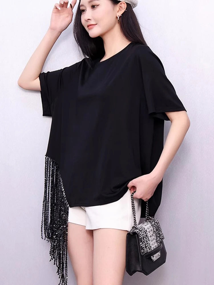 XITAO Loose Tassels Asymmetric Women T-shirt Fashion Trend Short Sleeve O-neck Women Temperament All-match Simple Top ZMY1176