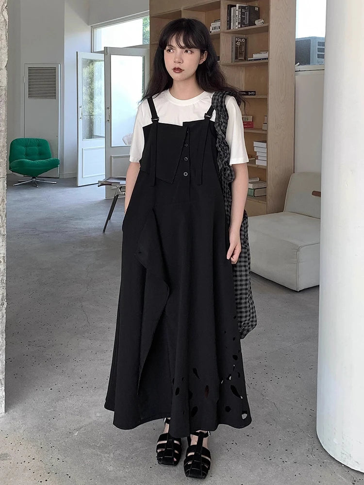 XITAO Hollow Out Square Collar Sleeveless Dress Pullover Solid Color Loose Camisole Temperament Ankle-length Casual Dress ZY8946