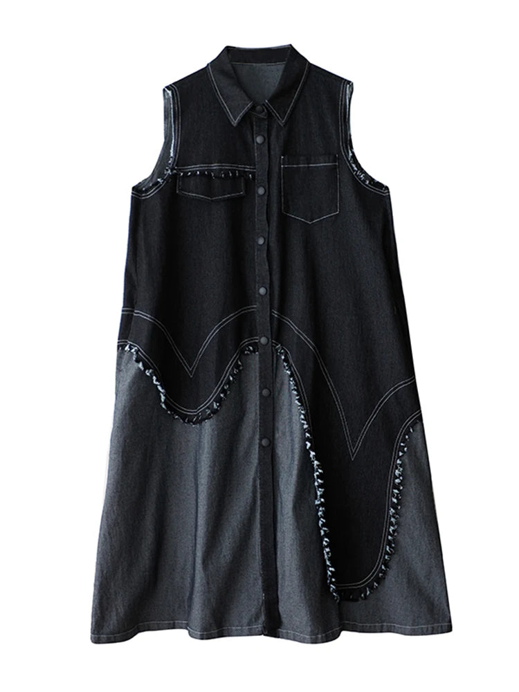 XITAO Contrast Color Sleeveless Pocket Patchwork Dress Single Breasted Turn-down Collar Loose A-line Vintage Slim Dress ZMY1050