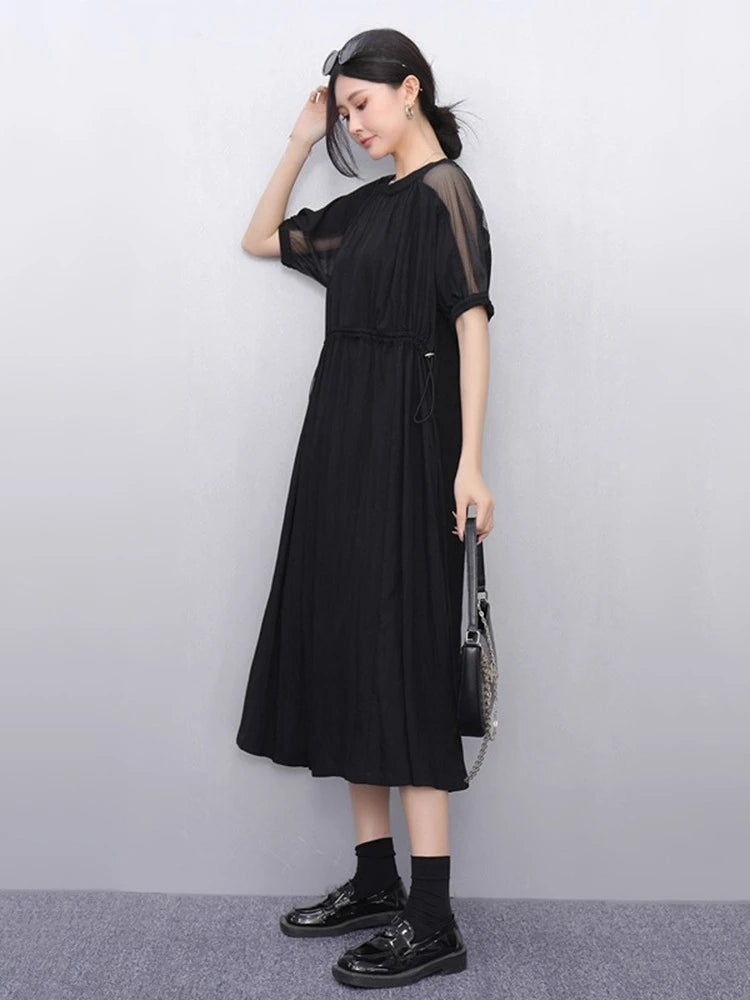 XITAO Gauze Patchwork Draw String Dress O-neck Short Sleeve Solid Color Simple Loose Slimming Summer Woman Dress ZMY1240
