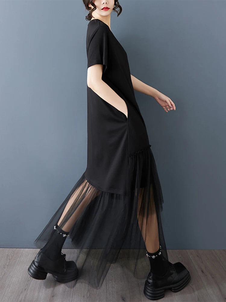 XITAO Patchwork Lace Mesh V-neck Dress A-line Short Sleeve Pleated Vintage Hong Kong Fashion Summer Women Dress HQQ2454