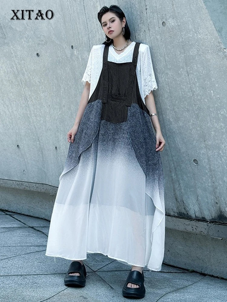 XITAO Gradient Pocket Patchwork Dress Sleeveless Loose Casual Square Collar Slimming Temperament Summer Woman Dress GYX1666