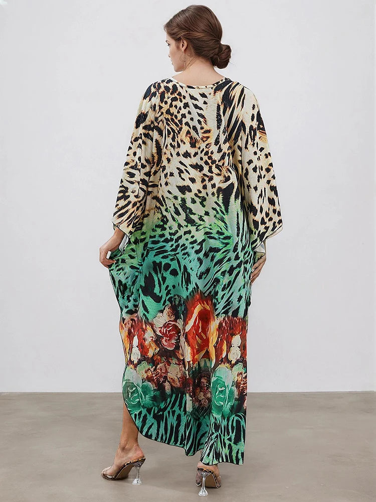 XITAO Leopard V-neck Vintage Dress Print Side Slit New Arrival Bat Wing Sleeve Loose Casual Pullover Summer Woman Dress GJ1179