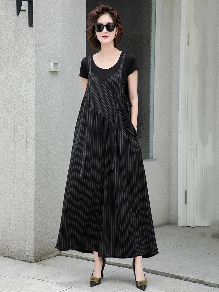 XITAO Loose Striped Jumpsuits All-match Temperament Slimming Women Irregular Patchwork Sleeveless V-neck Jumpsuits HQQ2499