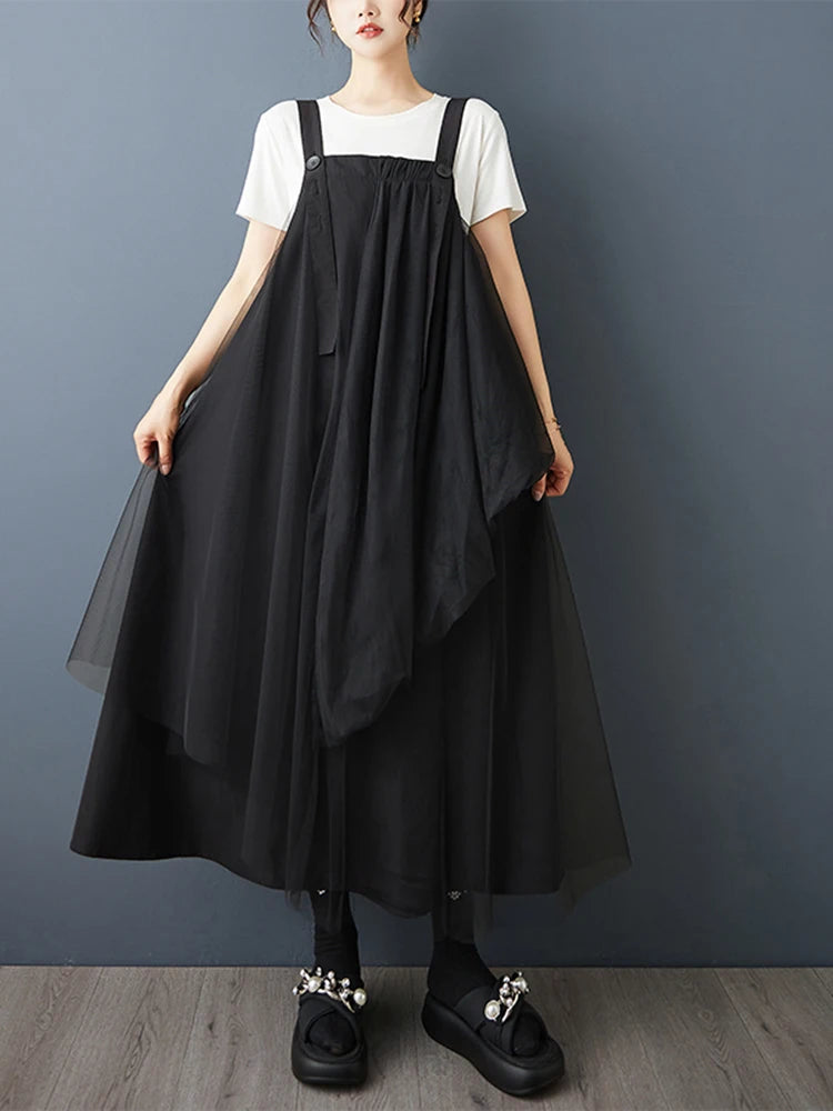 XITAO Gauze Irregular Solid Color Straps Dress Patchwork Turn-down Collar Sleeveless Casual Slimming Summer Woman Dress ZMY1295