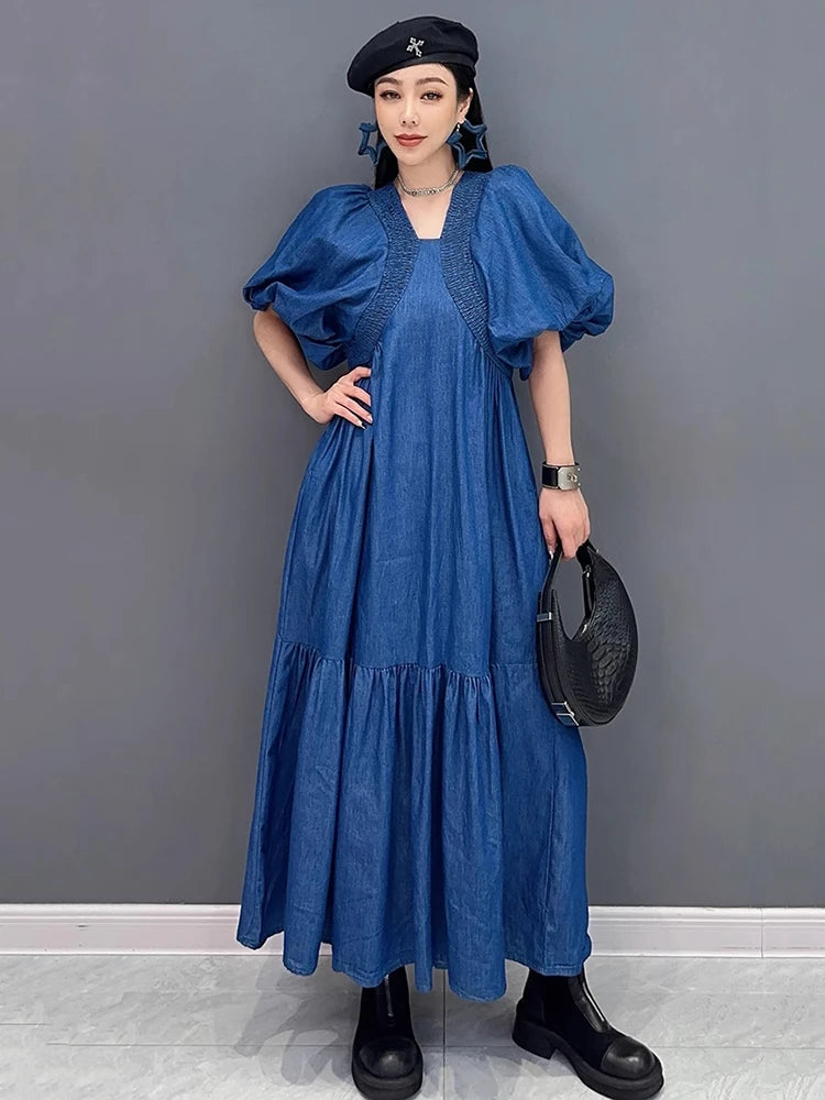 XITAO Pleated Patchwork Loose Denim Dress Puff Sleeve Solid Color Casual Vintage Personality Elegant Summer Woman Dress ZMY1278
