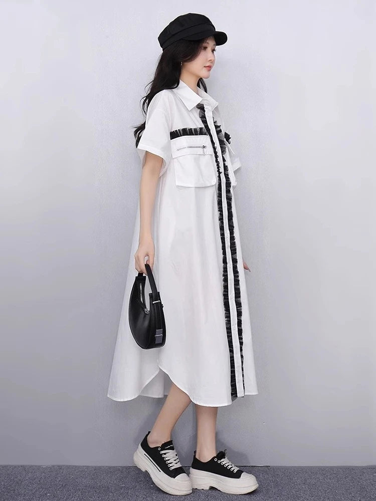 XITAO Patchwork Pocket Contrast Color Dress Turn-down Collar Single Breasted A-line Loose Fitting Simple Summer Dress ZMY1371
