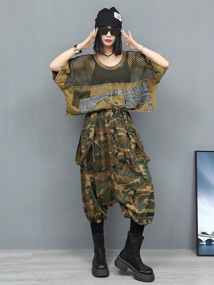 XITAO Patchwork Hollow Out Denim Sets O-neck Loose Casual Short Sleeve Pocket Elastic Waist Two-piece Personality Sets GYX1663