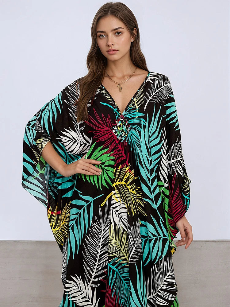 XITAO Batwing Sleeve Patchwork Print Contrast Color Dress V-neck Pullover Side Split Loose Casual Slimming Summer Dress GJ1146