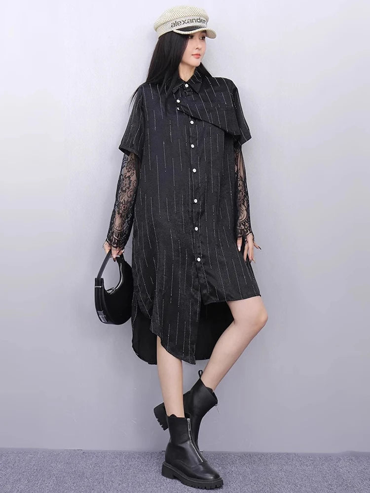 XITAO Irregular Patchwork Mesh Single Breasted Dress Loose Fitting Thin Fashion Stripe Pocket Lapel Summer Female Dress ZMY1346