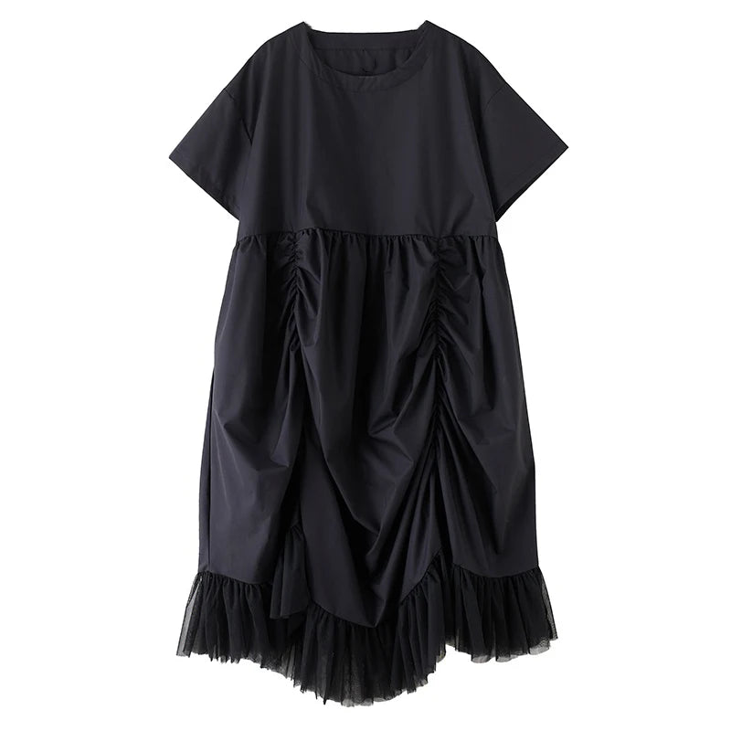 XITAO Loose Folds Female Dress Personality Mesh Irregular Patchwork Women Solid Color Slimming Vintage Pullover Dress ZMY1147