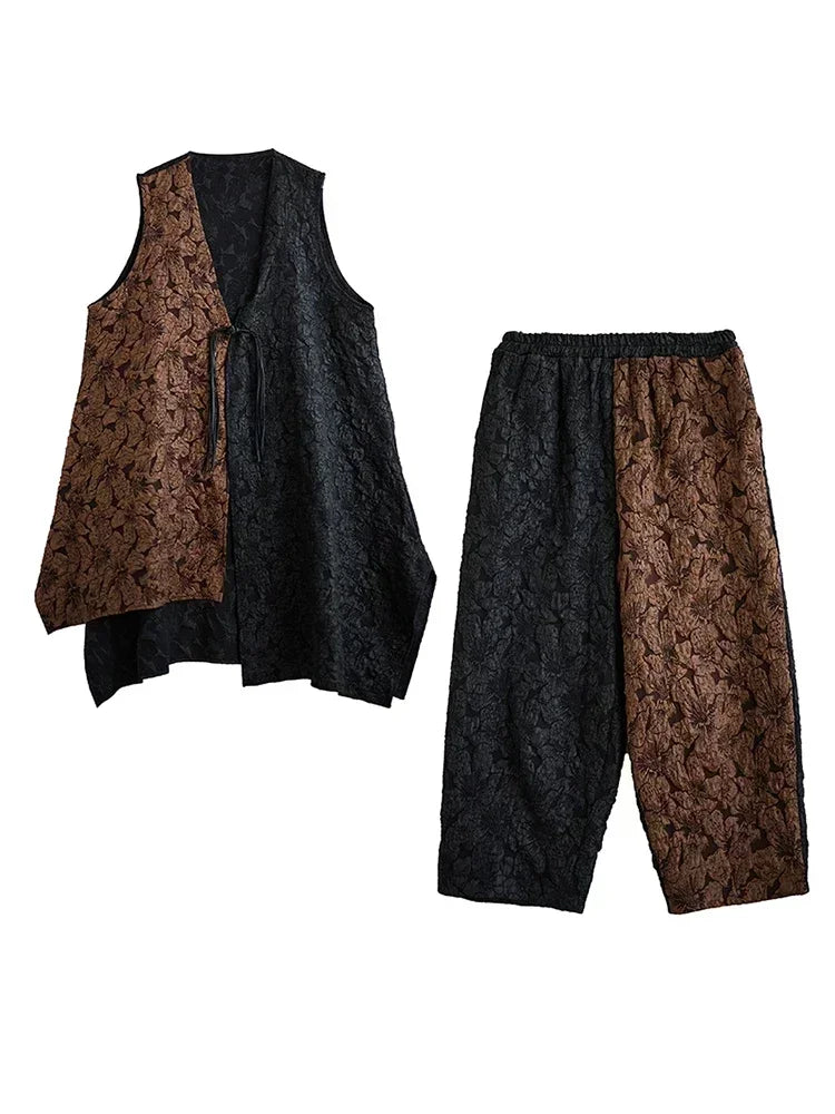 XITAO Vintage Floret Irregular Two Piece Set Personality Contrast Color Patchwork Women New Arrival Trend Vest HQQ1654