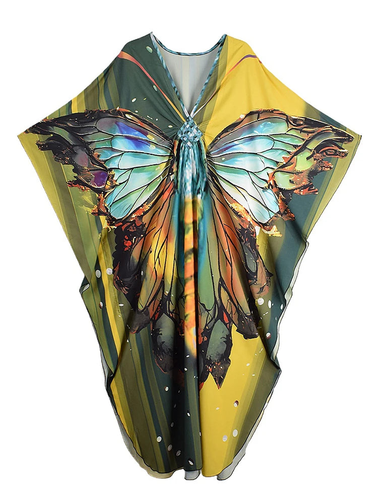 XITAO Butterfly Print Batwing Sleeve Pullover Dress Contrast Color V-neck Loose Temperament Ankle-length Women Dress GJ1144