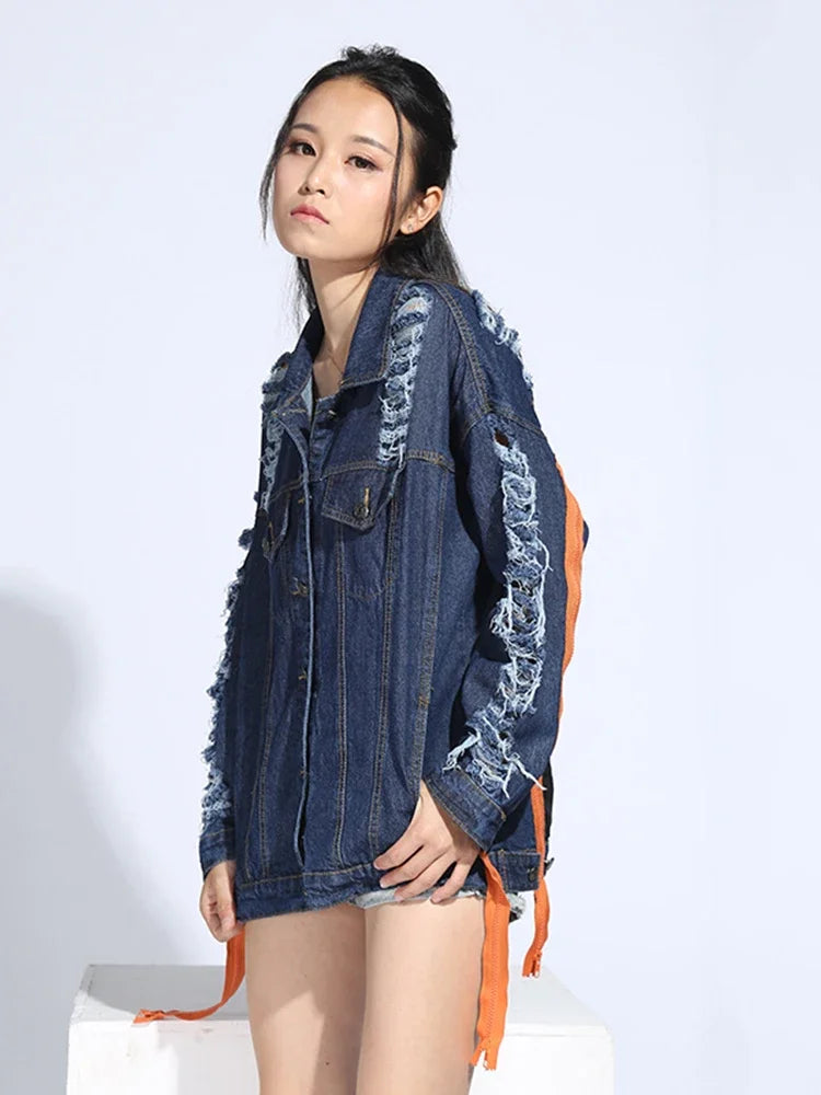 XITAO Women Denim Jacket Wide Waisted Turn Down Collar Print Letter Pattern Single Breasted Korea Fashion Wild Joker CNM001