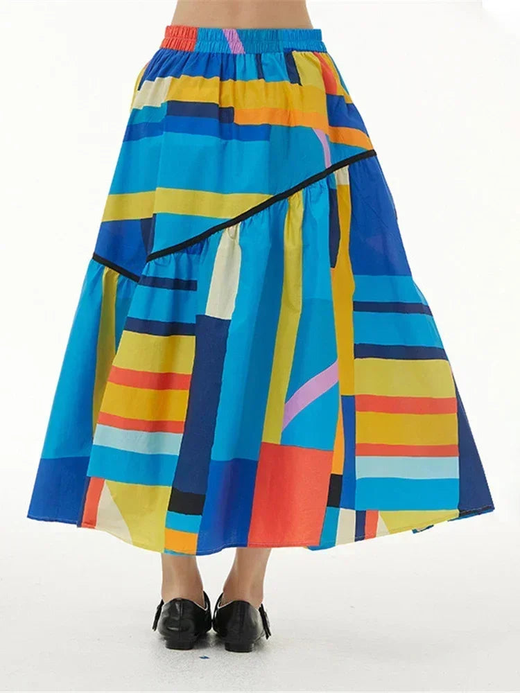 XITAO Striped Print Pattern Skirt Fashion Elastic Waist Goddess Fan Casual Style Minority 2024 Summer Skirt WMD5493