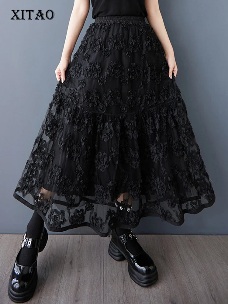 XITAO Mesh Patchwork Elastic Waist Skirt Casual Loose Fitting A-line Loose Fitting Fashion All Match Summer Women Skirt HQQ2471