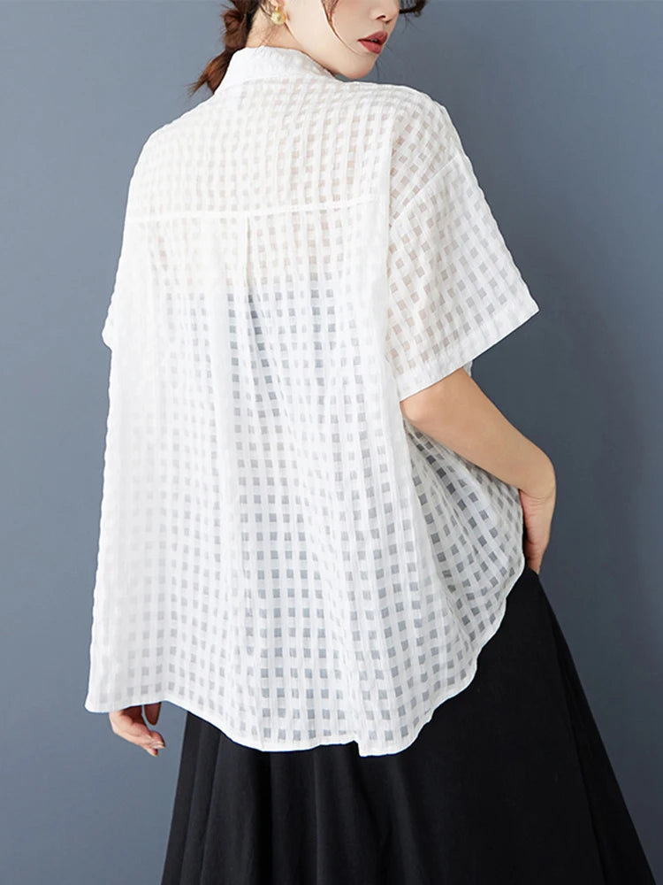 XITAO Asymmetric Patchwork Shirt Casual Short Sleeve Turn-down Collar Solid Color Loose Fitting Summer Female Blouse ZMY1052