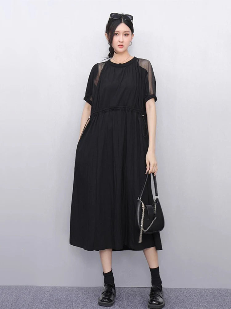 XITAO Gauze Patchwork Draw String Dress O-neck Short Sleeve Solid Color Simple Loose Slimming Summer Woman Dress ZMY1240
