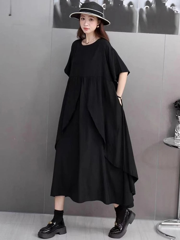 XITAO Irregular O-neck Loose Dress Solid Color Short Sleeve Patchwork Simple Casual Elegant All-match Summer Woman Dress ZMY1381