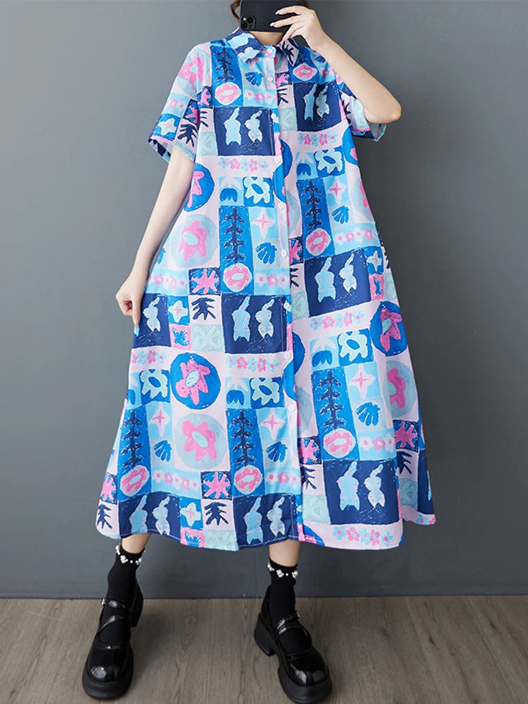 XITAO Print Flower Single Breasted Dress Turn-down Collar Casual New Korea Fashion A-line Short Sleeve Women Dress ZMY1133