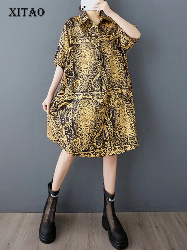 XITAO Print Turn-down Collar Single Breasted Dress Loose Fitting A-line Korea Casual Slimming Summer Women Dress ZMY1149