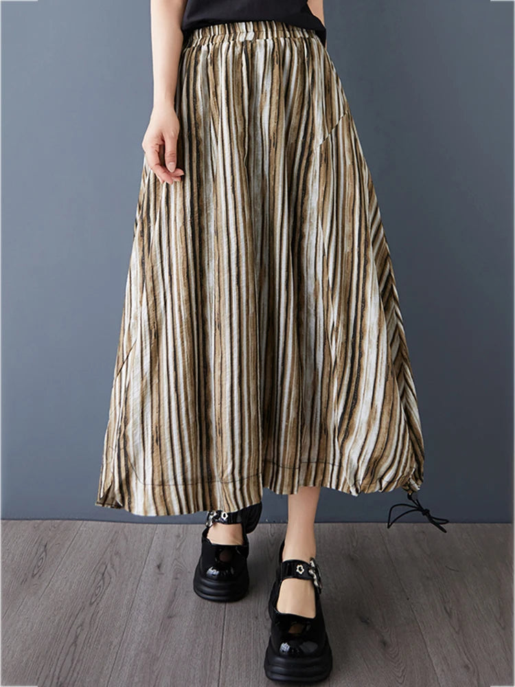 XITAO Stripe Elastic Waist A-line Skirt Casual Mid-calf Solid Color Personality Simple Vintage Summer Women Skirt GYX1646