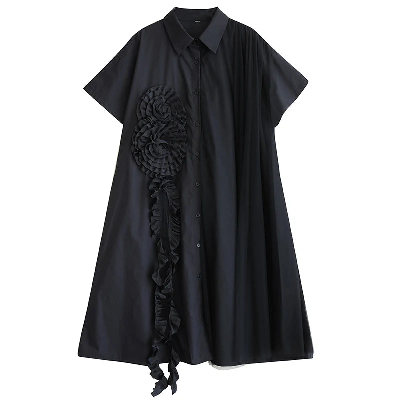 XITAO Patchwork Mesh Flower Dress Casual Solid Color Loose Fitting Korea A-line Short Sleeve Single Breasted Women Dress GYX1626