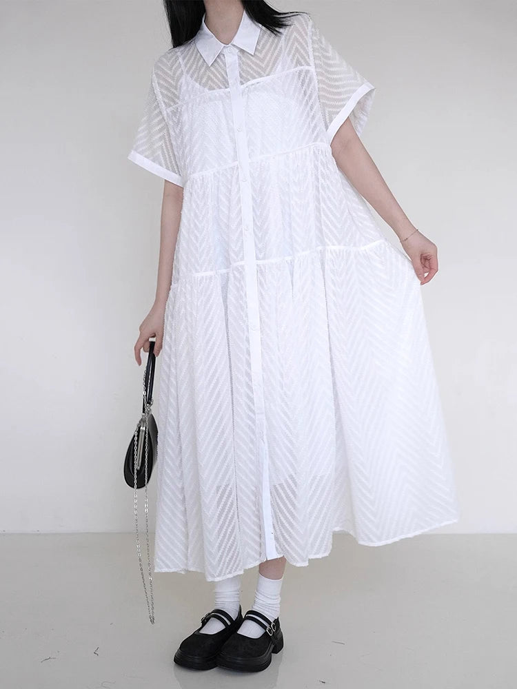 XITAO Loose Solid Color Hollow Out Dress Single Breasted Short Sleeve All-match New Arrival Temperament Woman Dress ZMY1261