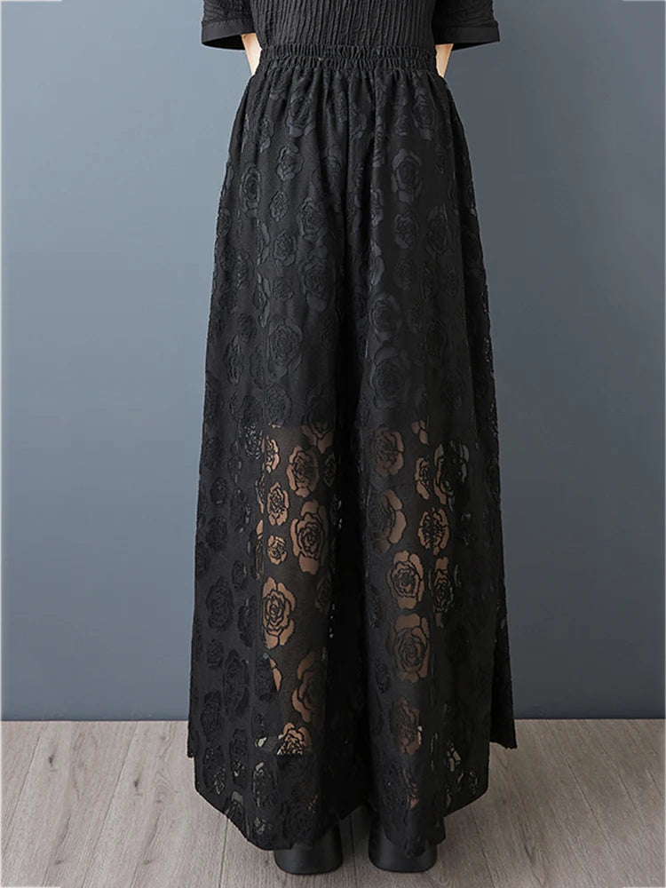 XITAO Mesh Pleated Elastic Waist Pant Casual Solid Color Loose Fitting New Arrival Wide Leg Slimming Summer Women Pant ZMY1232